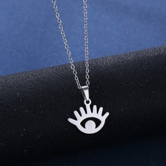 Any 4/$25! Silver Stainless Steel Evil Eye Clasp Back Necklace - Picture 1 of 6